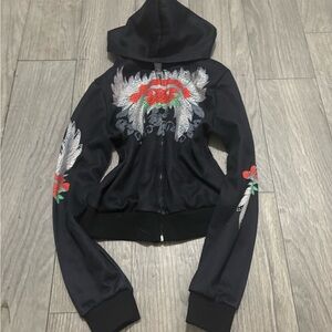Black Embroidered Zip Hoodie with Red Floral Detail